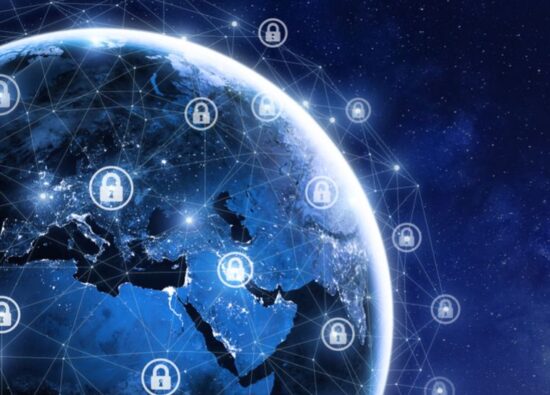 An image of security icons for a network encircling a digital blue earth.