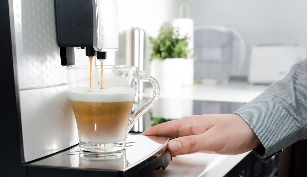 A coffee being brewed using a bean-to-cup coffee machine