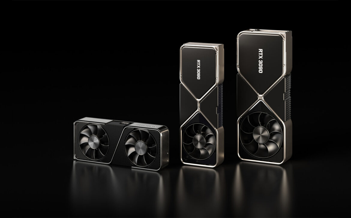 Nvidia RTX 3070, RTX 3080, And RTX 3090 Lined Up In A Promotional Image From Nvidia